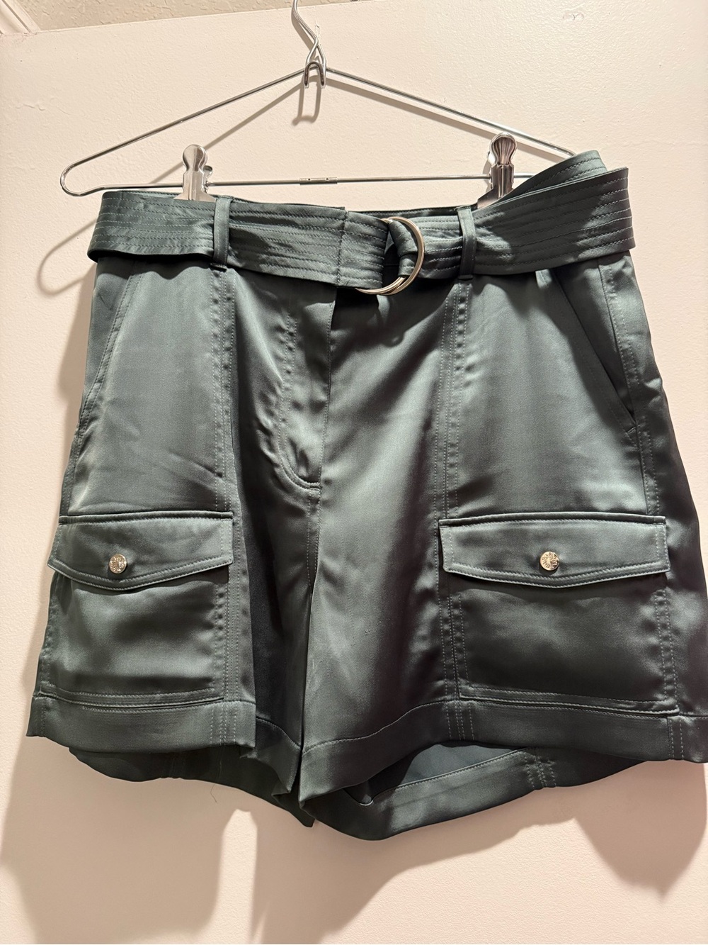 White House Black Market Satin Dark Green Cargo Shorts with D-Ring Belt